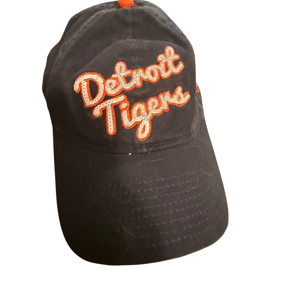 New Era Detroit Tigers MLB Sequin Script Baseball Cap Hat Navy Blue Orange Women